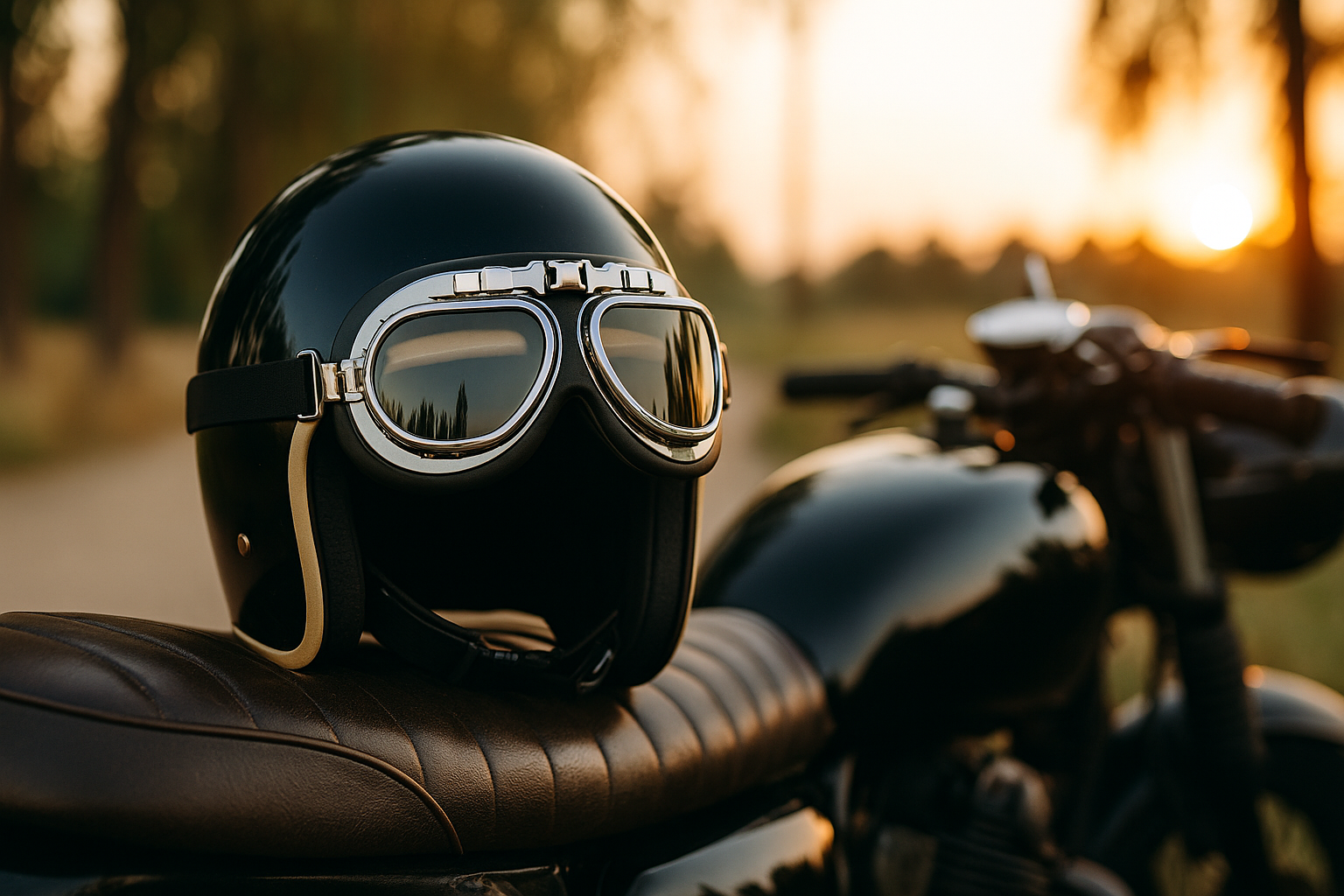 Casque moto vintage noir brillant avec lunettes rétro posé sur une moto, ambiance coucher de soleil