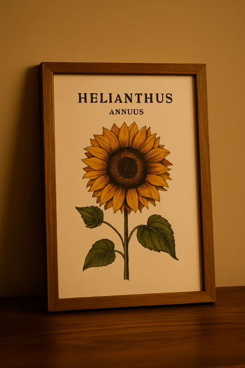 Affiche vintage encadrée Helianthus en bois, décoration murale rétro élégante mise en scène dans un intérieur chaleureux et naturel