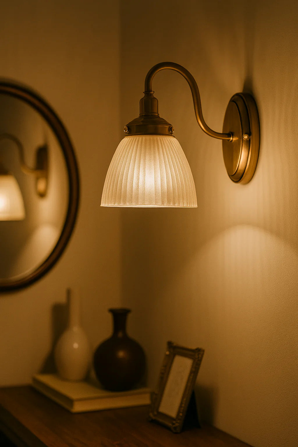 Applique murale vintage en laiton avec abat-jour en verre, éclairant une décoration intérieure élégante dans une ambiance chaleureuse et rétro.