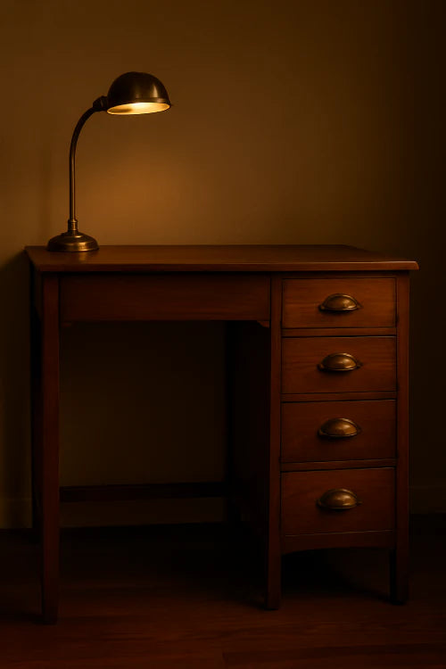 Bureau vintage en bois foncé avec lampe rétro dans un intérieur chaleureux