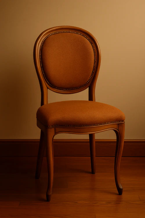 Chaise vintage en bois avec assise en tissu rétro dans un intérieur chaleureux