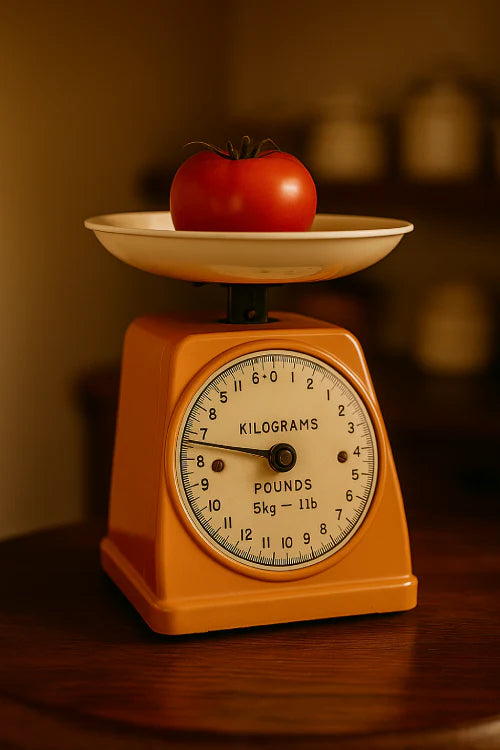 Balance de cuisine vintage orange avec tomate, ambiance rétro chaleureuse