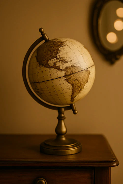 Globe ancien en laiton doré sur table vintage, éclairé dans une ambiance chaleureuse