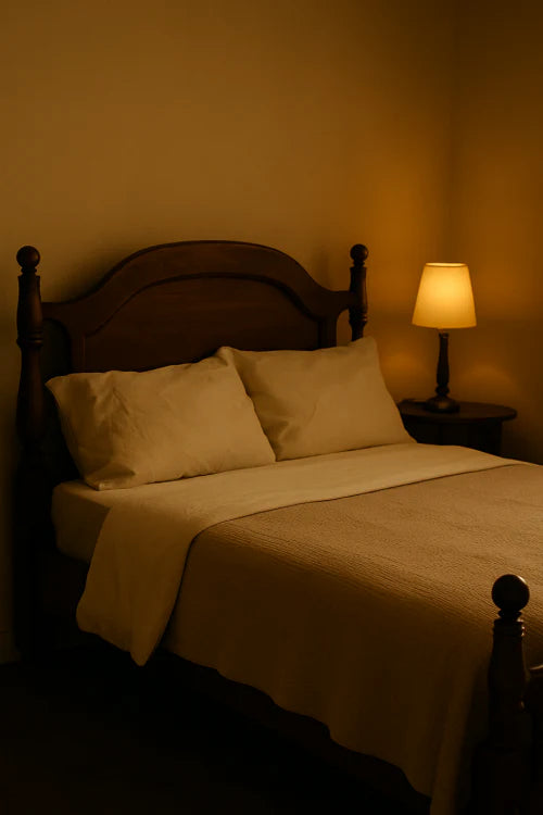 Lit vintage en bois avec lampe de chevet dans une ambiance chaleureuse, parfait pour une décoration rétro élégante et authentique.