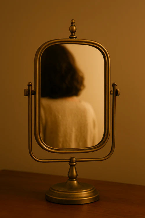 Miroir vintage doré posé sur une commode rétro en bois, reflet doux dans une ambiance chaleureuse et tamisée