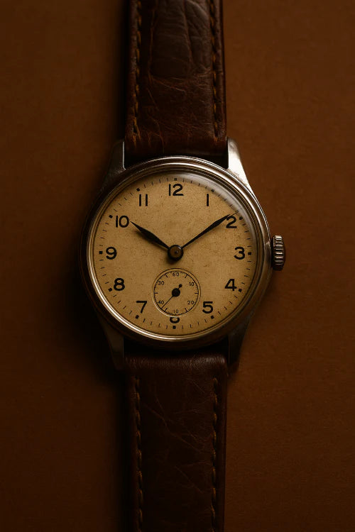 Montre vintage en cuir brun sur fond rétro, style ancien et authentique