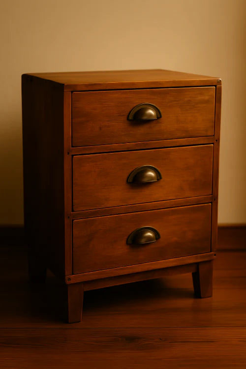 Commode en bois vintage à trois tiroirs avec poignées en laiton, posée sur un sol en bois chaud, ambiance rétro authentique.