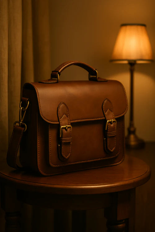 Sac vintage en cuir marron sur tabouret en bois, éclairé par une lampe rétro – Collection Style Vintage