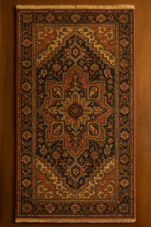 Tapis vintage ancien avec motifs orientaux rouges et dorés sur fond marron, parfait pour une décoration rétro, bohème ou authentique.