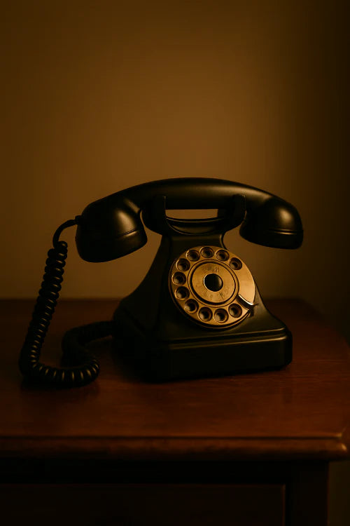 Téléphone vintage noir avec cadran rotatif sur table en bois, éclairage rétro chaleureux – collection Téléphone Vintage Style Vintage