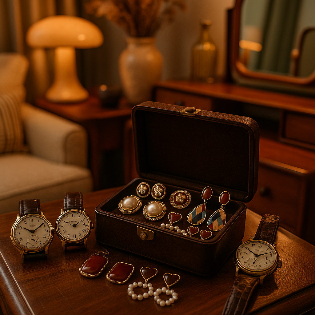 Boîte à bijoux vintage ouverte contenant des bagues dorées, montres anciennes et accessoires rétro sur un meuble en bois dans un décor feutré.