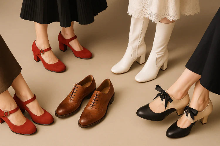 Paires de chaussures vintage pour femme et enfant en style rétro 50s, posées en cercle sur un sol clair