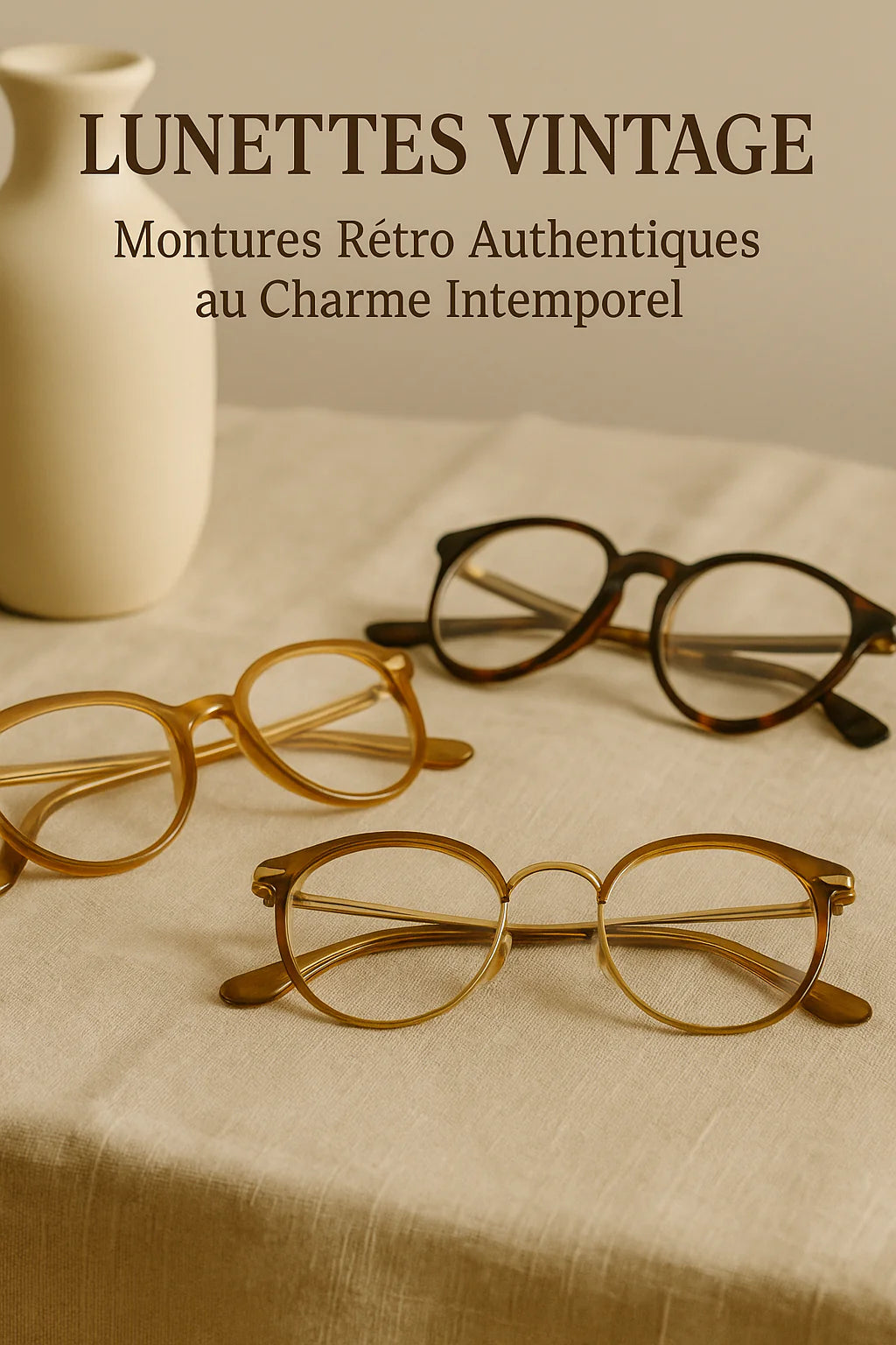 Trois paires de lunettes vintage exposées sur un fond rétro, illustrant le charme intemporel et l’élégance classique du style rétro.