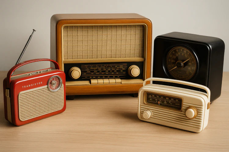 Radios vintage en bois et en bakélite des années 50 exposées sur un meuble clair, avec style rétro authentique