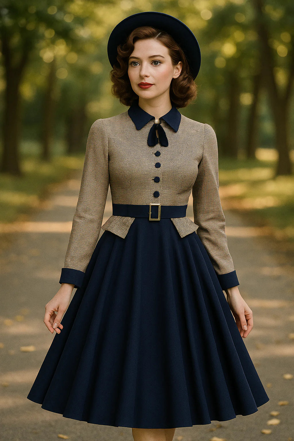 Femme élégante portant une robe vintage bleu marine à jupe évasée et haut texturé beige, posant dans une allée boisée en automne avec un chapeau rétro