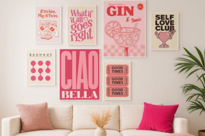 Affiche colorée vintage rose blanc