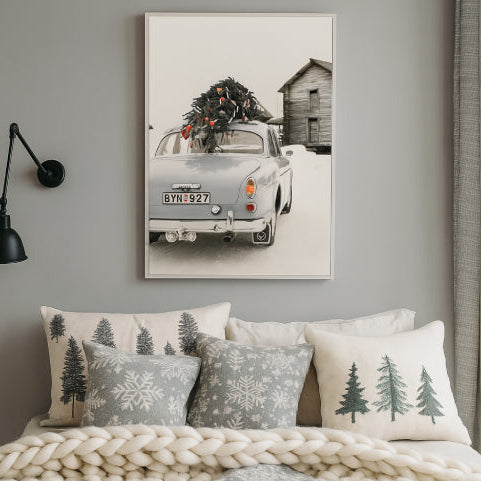 Affiche montagne vintage  voiture gris