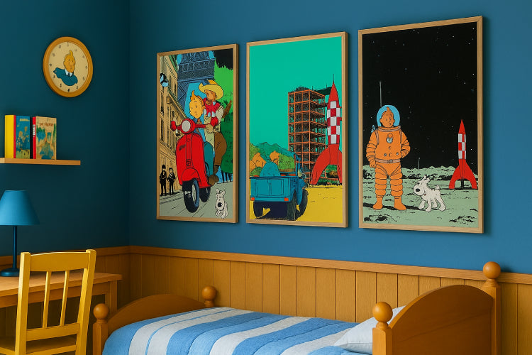 Affiche vintage auto adhésif Tintin mure bleu