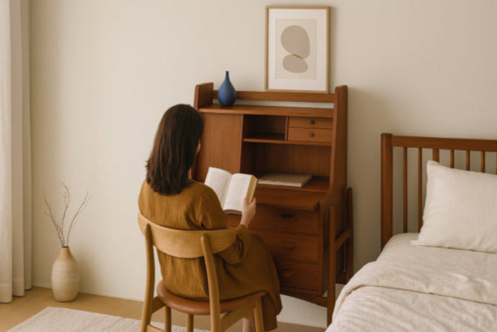 Bureau secrétaire vintage lisant