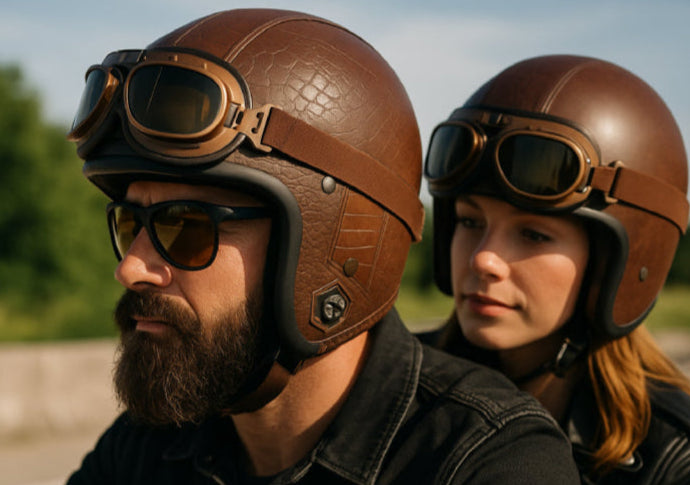 Casque moto rétro avec lunettes en cuir