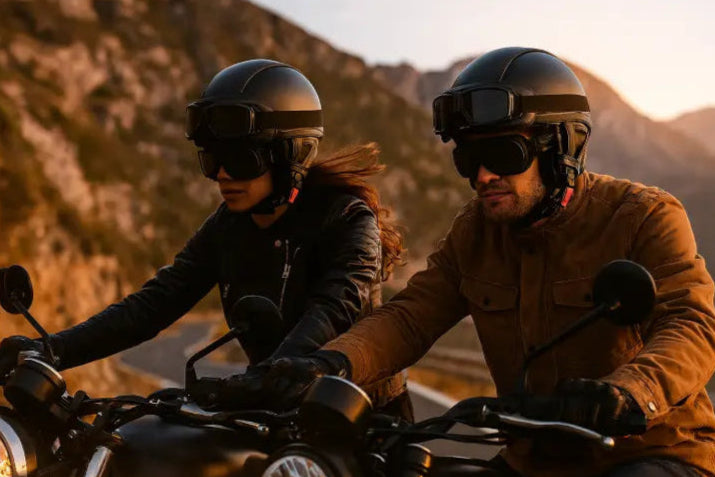 Casque moto vintage army avec lunette couple