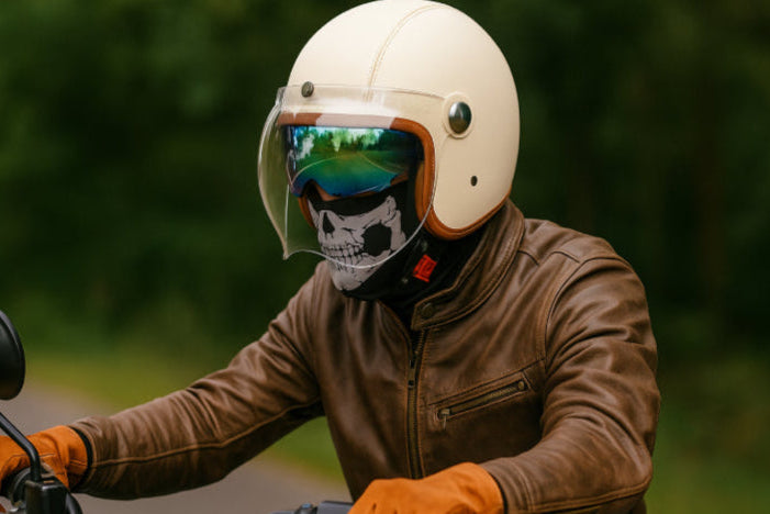 Casque moto vintage en cuir blanc masque