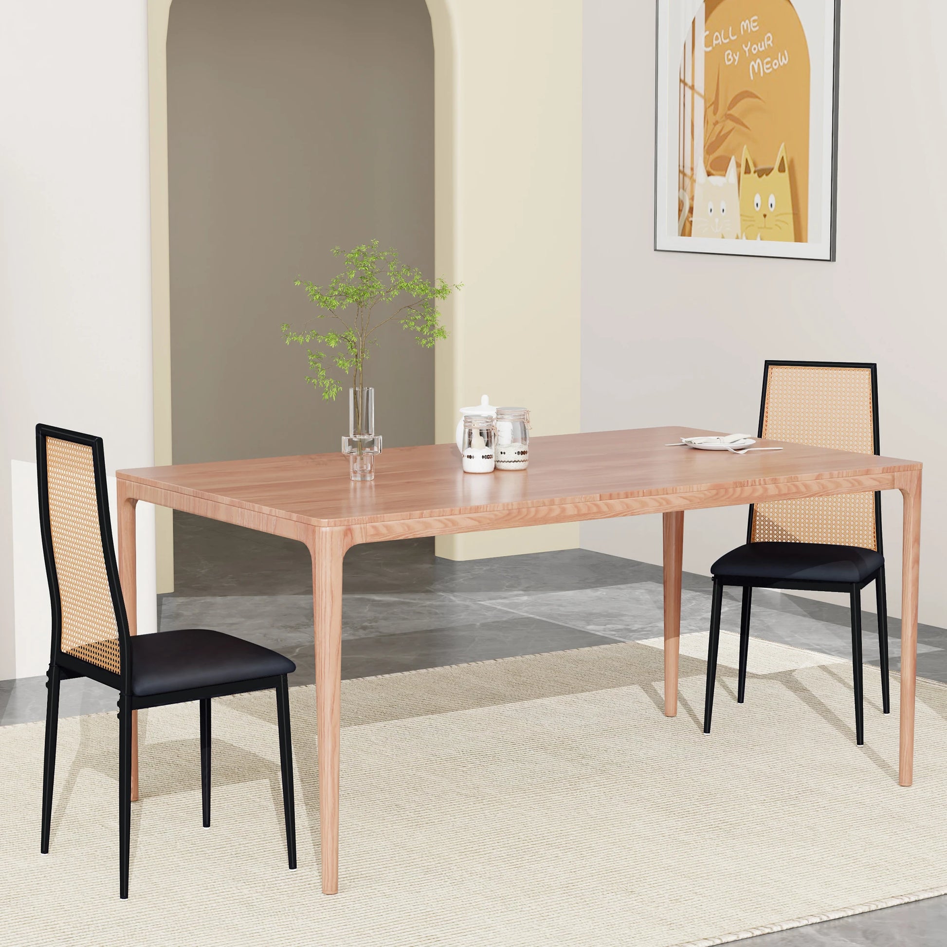 Chaise vintage noir rotin tapis beige