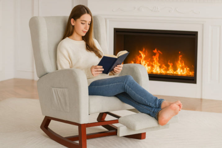 Fauteuil à bascule vintage gris en lisant