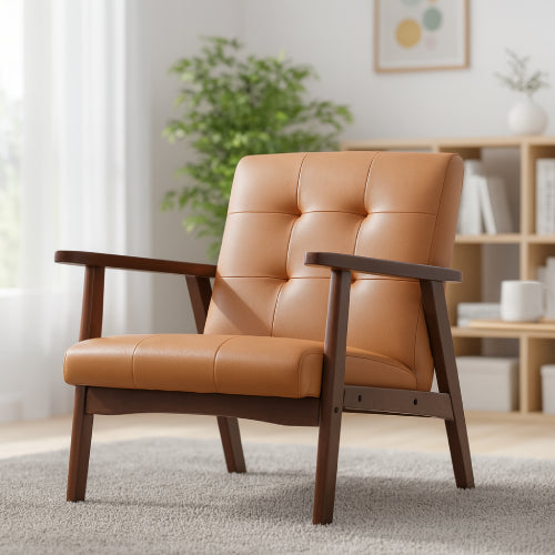 Fauteuil cuir et bois vintage plante