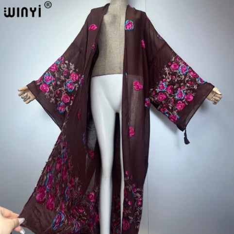 Gilet long vintage bohème aubergine fleur