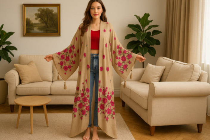 Gilet long vintage bohème beige salon