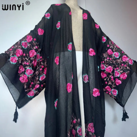 Gilet long vintage bohème noir fleur