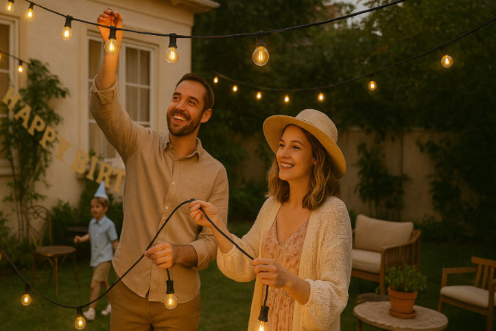 Guirlande lumineuse vintage anniversaire jardin