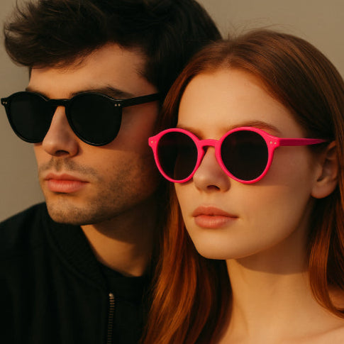Lunettes de soleil rétro rose noir porté