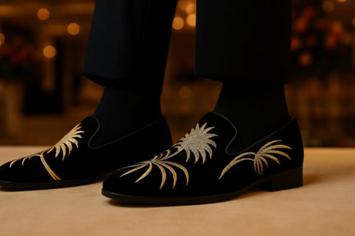 Mocassin homme vintage brodés noir doré pair porté