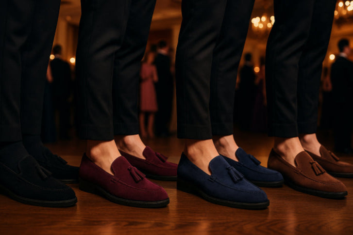 Mocassin vintage homme en daim fond gris pair aubergine