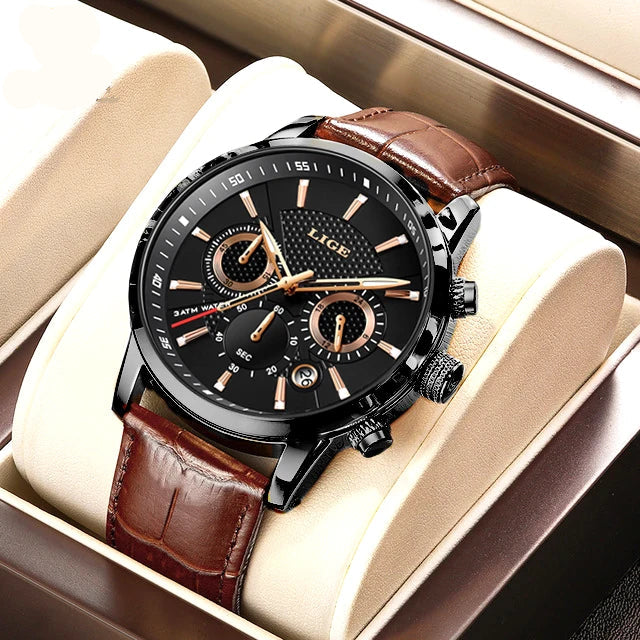 Montre en cuir homme vintage marron noir