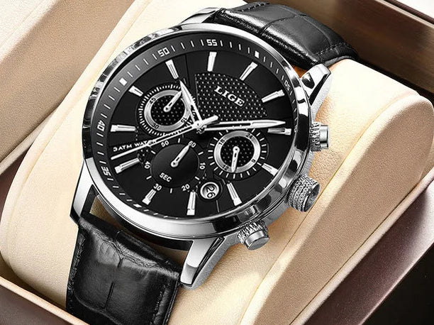 Montre en cuir homme vintage noir argent