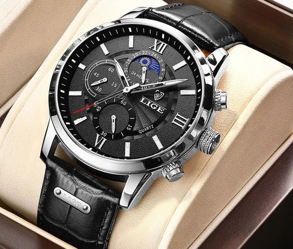 Montre en cuir homme vintage noir argentée