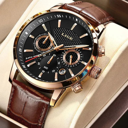 Montre en cuir homme vintage  noir doré