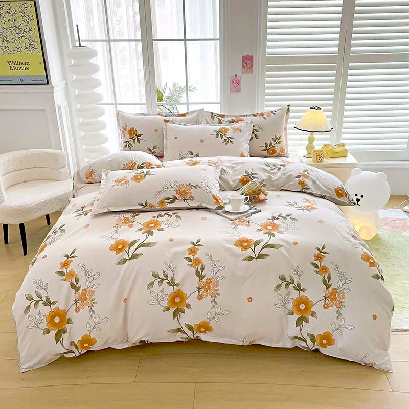 Parure de lit vintage blanc fleur orange