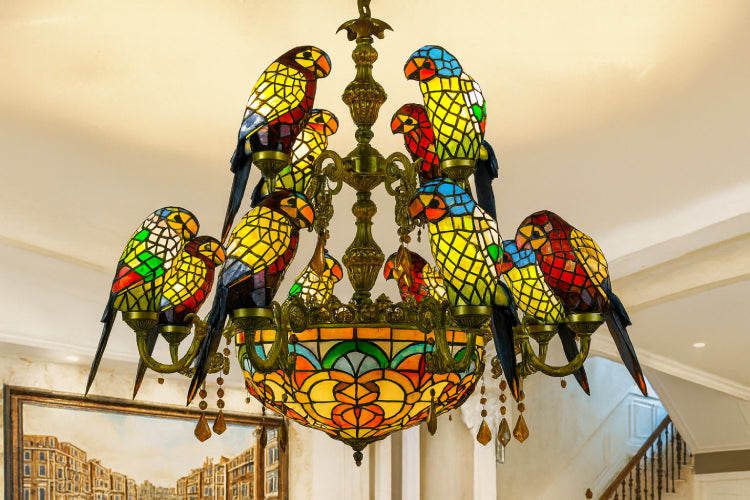 Plafonnier perroquet vintage 12 perroquets 15 lumières