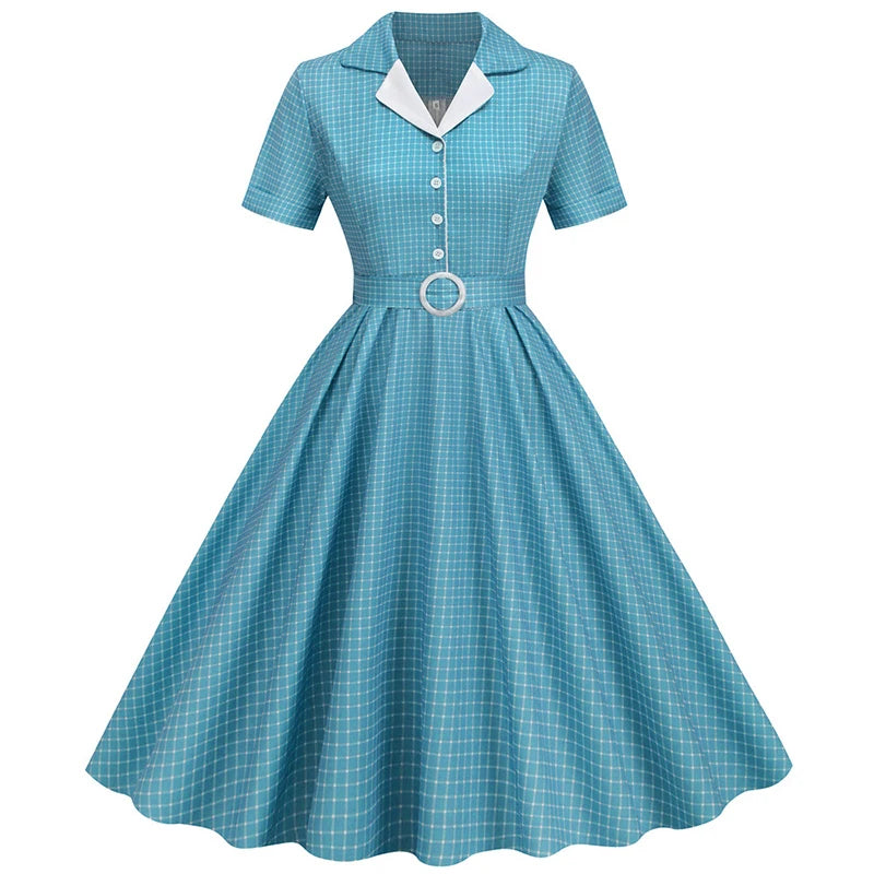 Robe année 50 bleu carreau