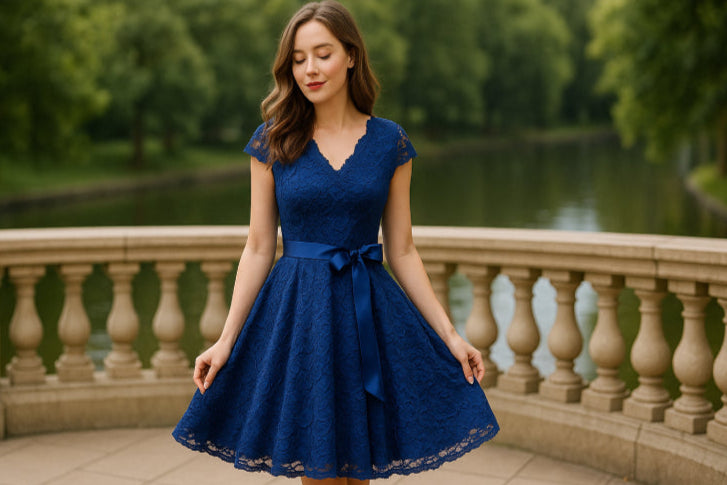 Robe année 50 dentelle bleu chalet