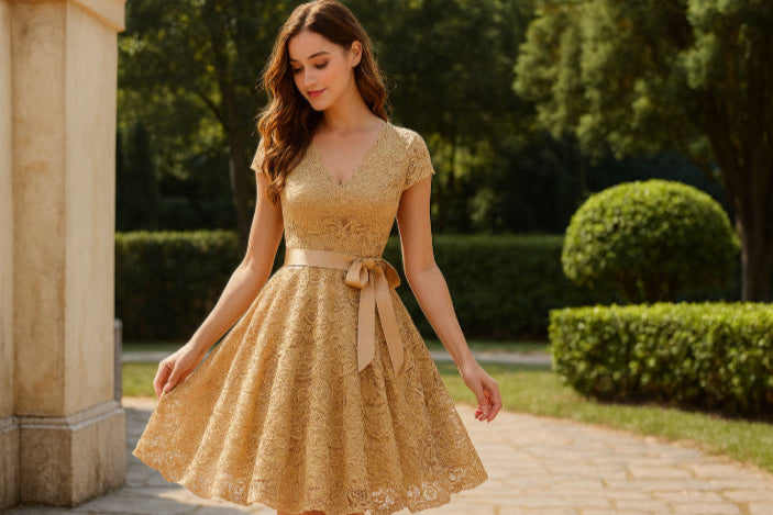 Robe année 50 dentelle café dehors