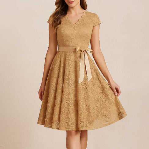 Robe année 50 dentelle café fond rose