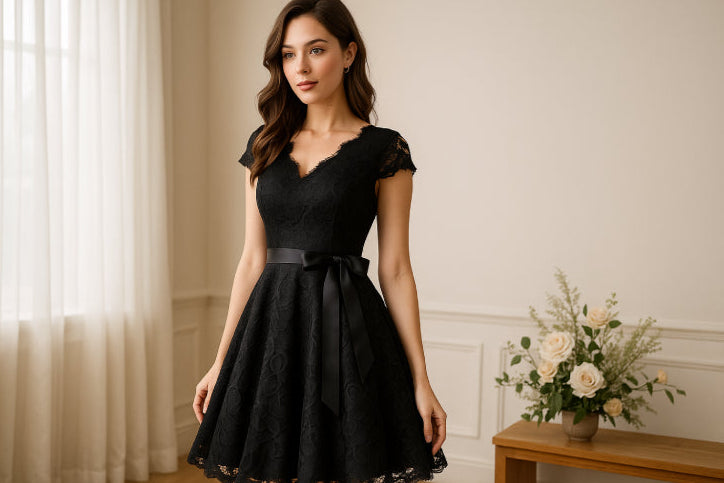 Robe année 50 dentelle noir fleur