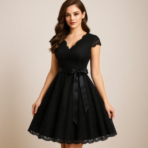 Robe année 50 dentelle noir fond rose
