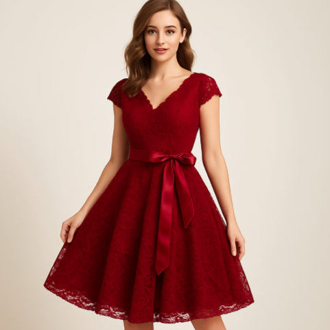 Robe année 50 dentelle rouge fille