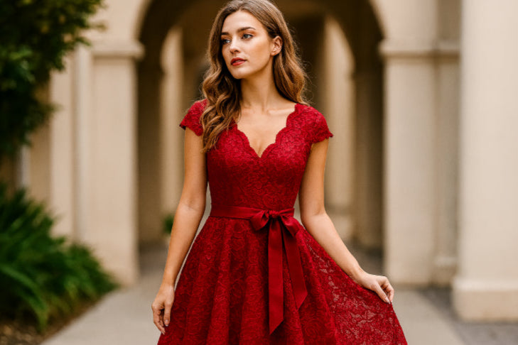 Robe année 50 dentelle rouge jardin